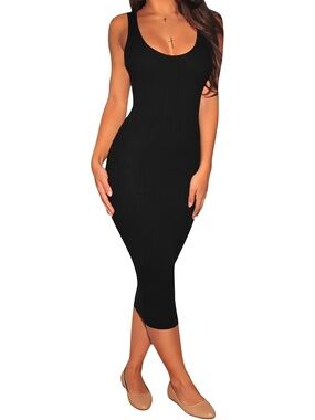 Women's Black-a Scoop Neck Sleeveless Ribbed Knit Casual Bodycon Midi Dresses